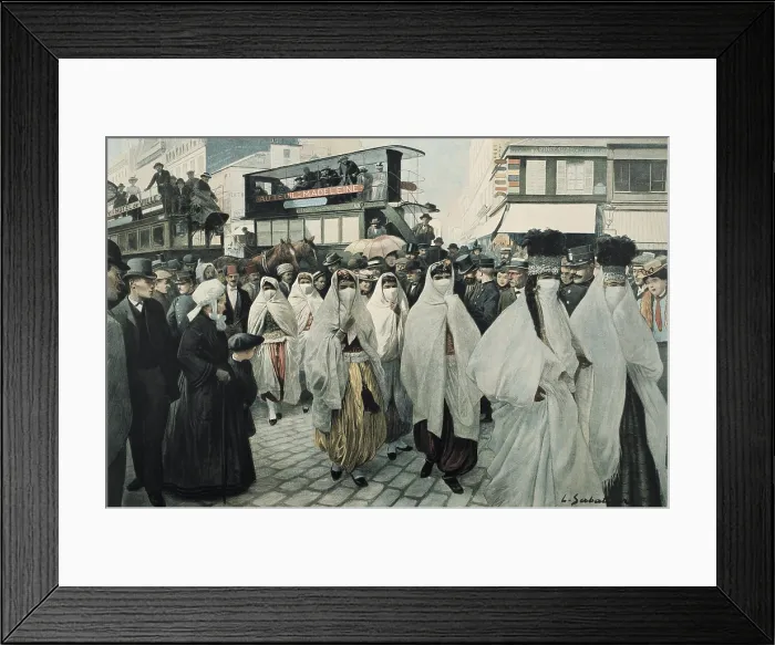 Framed Print : Paris Universal Exhibition (Exposition Universelle) of 1900. Artists of the Oriental Theatre Returning to the Trocadero. Illustration by Louis Remy Sabattier (1863-1935)