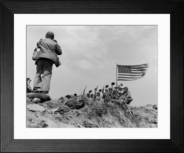 Framed Print : Scene after the second flag raising, on Iwo Jima's Mount Suribachi, Feb. 23, 1945. At left are the photographers, including Joe Rosenthal, photograph the cheering Marines