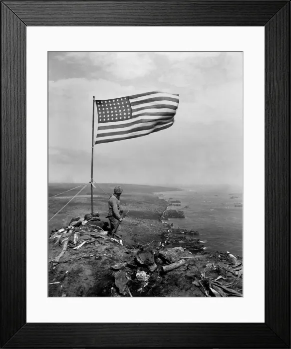 Framed Print : Stars and Stripes wave over the summit of Mt. Suribachi on Iwo Jima. Photo by John Papsun, ca. on after Feb. 23 1945. World War 2. (BSLOC_2013_13_64) Framed Print : Stars and Stripes wave over the summit of Mt. Suribachi on Iwo Jima. Photo by John Papsun, ca. on after Feb. 23 1945. World War 2. (BSLOC_2013_13_64)