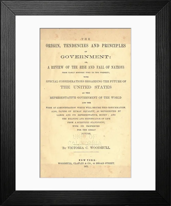 Framed Print : Title page of Victoria Woodhull's 1871 polemic, THE ORIGIN, TENDENCIES AND PRINCIPLES OF GOVERNMENT