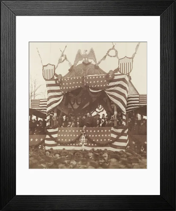 Framed Print : President James Garfield viewing inauguration ceremonies, March 4, 1881. On right, seated, are outgoing President Rutherford Hayes and his wife Lucy