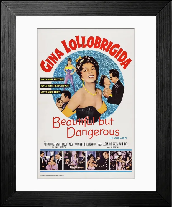 Framed Print : BEAUTIFUL BUT DANGEROUS, (aka LA DONNA PIU BELLA DEL MONDO), US poster art, top: Gina Lollobrigida; top right: Vittorio Gassman, 1956 Framed Print : BEAUTIFUL BUT DANGEROUS, (aka LA DONNA PIU BELLA DEL MONDO), US poster art, top: Gina Lollobrigida; top right: Vittorio Gassman, 1956
