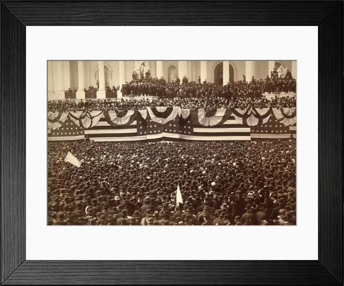 Framed Print : Grover Clevelands inauguration as the 22nd President of the US. He is delivering his inaugural address on the east portico of Capitol, March 4, 1885. Photo by John F
