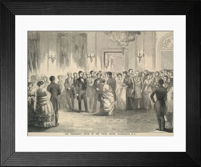 Framed Print : President Franklin Pierces inaugural celebration at the White House, March 4, 1853. A young women curtseys as she is introduced to the President (BSLOC_2016_14_118)