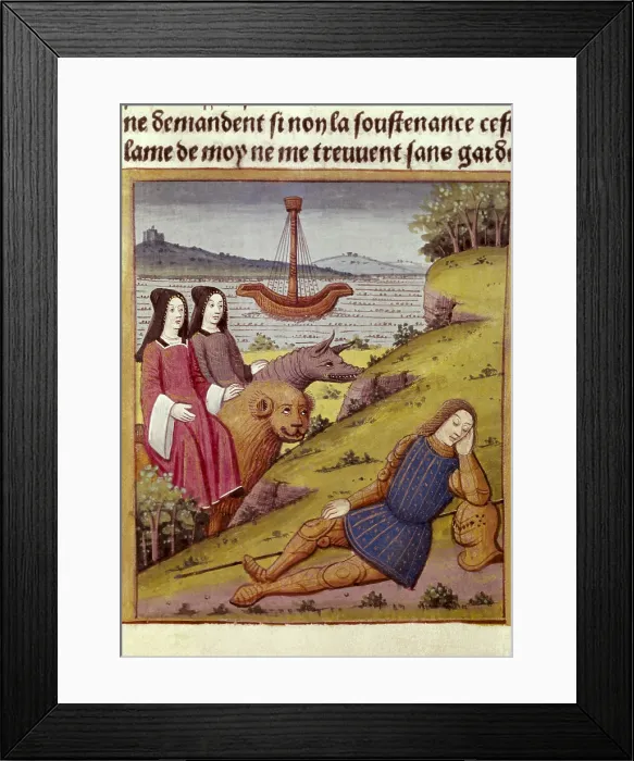 Framed Print : Knight Percival dreams about two women. Illustration from Antoine Verard's 'Tristan, knight of the Round Table' (1496). Gothic art. Miniature Painting. FRANCE Framed Print : Knight Percival dreams about two women. Illustration from Antoine Verard's 'Tristan, knight of the Round Table' (1496). Gothic art. Miniature Painting. FRANCE