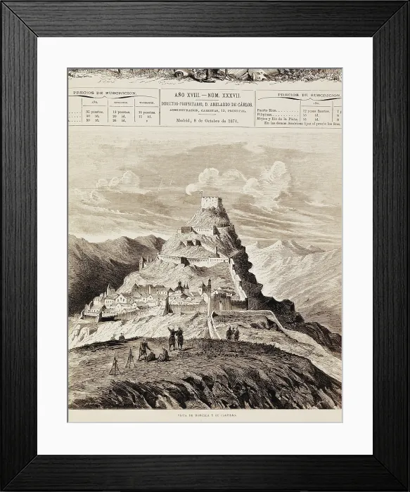 Framed Print : View of the town of Morella and its castle in 1874. Engraving. SPAIN. Madrid. National Library. - P. Rotger / Iberfoto / Everett Collection (365452)**US SALES ONLY**