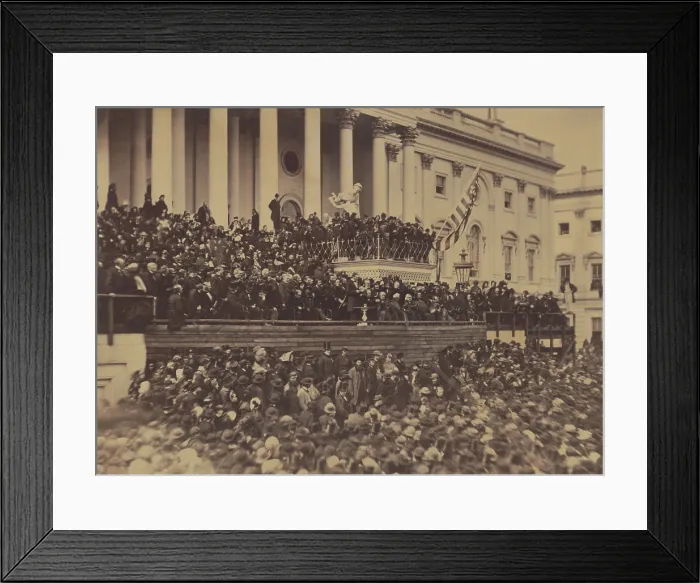 Framed Print : Abraham Lincoln delivering his second inaugural address on March 4, 1865. Lincoln stands in the center of the photo (below the flag and to the left), on the east front of the U.S Framed Print : Abraham Lincoln delivering his second inaugural address on March 4, 1865. Lincoln stands in the center of the photo (below the flag and to the left), on the east front of the U.S