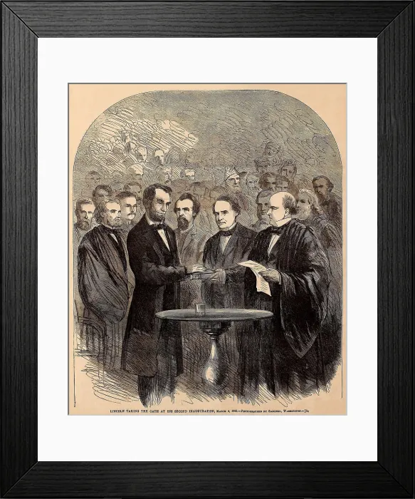 Framed Print : Lincoln taking the oath at his second inauguration, March 4, 1865. The oath is administered by Chief Justice Salmon Chase on the East Front of the Capitol (BSLOC_2016_14_123) Framed Print : Lincoln taking the oath at his second inauguration, March 4, 1865. The oath is administered by Chief Justice Salmon Chase on the East Front of the Capitol (BSLOC_2016_14_123)