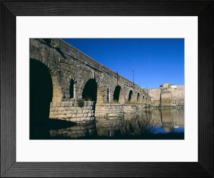 Framed Print : SPAIN. EXTREMADURA. BADAJOZ. Merida. Roman bridge over the Guadiana river (1st c.). It was rebuilt in 685, in 17th c. And in 1879. Roman art. Early Empire. Architecture. - J