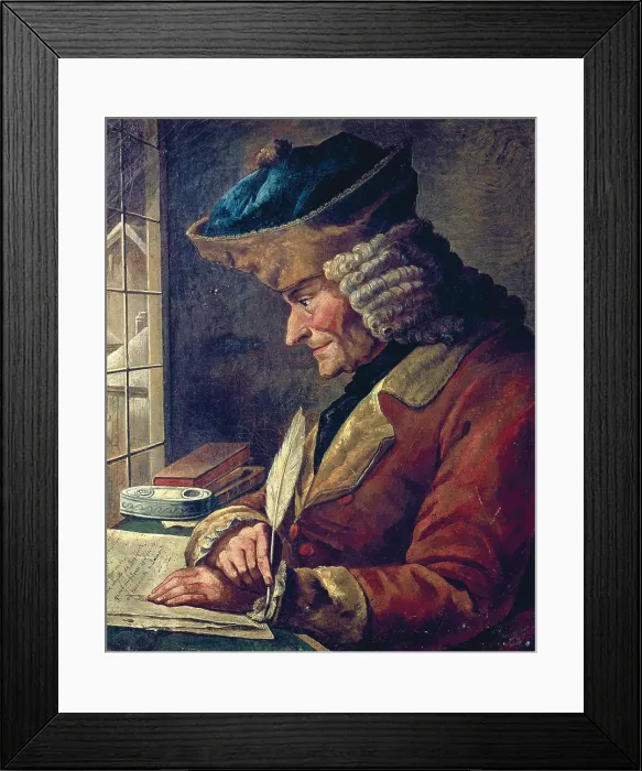 Framed Print : VOLTAIRE, Franois-Marie Arouet, also known as (1694-1778). French Enlightenment writer and philosopher. Voltaire at his studio, French anonymous. Oil on canvas. FRANCE. Paris Framed Print : VOLTAIRE, Franois-Marie Arouet, also known as (1694-1778). French Enlightenment writer and philosopher. Voltaire at his studio, French anonymous. Oil on canvas. FRANCE. Paris