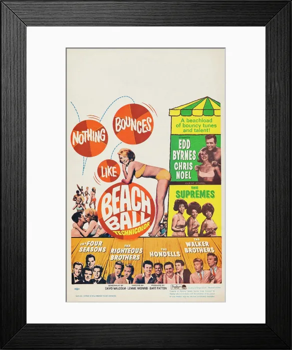 Framed Print : BEACH BALL, US poster art, counter-clockwise from top right: Edd Byrnes, Chris Noel, the Supremes, the Walker Brohers, the Hondells, the Righteous Brothers, the Four Seasons, 1965 Framed Print : BEACH BALL, US poster art, counter-clockwise from top right: Edd Byrnes, Chris Noel, the Supremes, the Walker Brohers, the Hondells, the Righteous Brothers, the Four Seasons, 1965