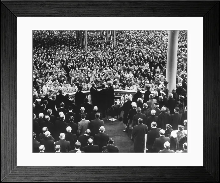 Framed Print : President Eisenhower sworn in by Chief Justice Earl Warren at the public Inauguration. Photo is taken from the back of the Inaugural stage showing the crowd below. Jan. 21, 1957 Framed Print : President Eisenhower sworn in by Chief Justice Earl Warren at the public Inauguration. Photo is taken from the back of the Inaugural stage showing the crowd below. Jan. 21, 1957