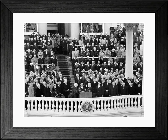 Framed Print : President Eisenhower sworn in by Chief Justice Earl Warren. Jan. 21, 1957. Group includes invited guests, Presidential families, and senior members of Congress Framed Print : President Eisenhower sworn in by Chief Justice Earl Warren. Jan. 21, 1957. Group includes invited guests, Presidential families, and senior members of Congress
