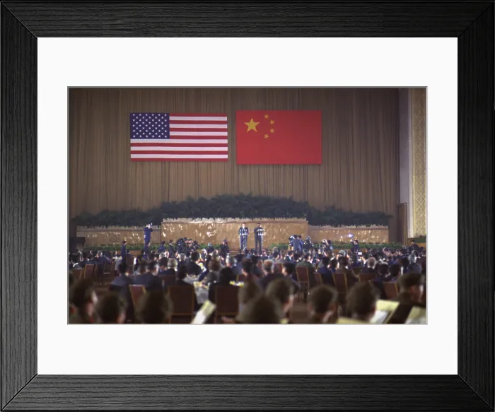 Framed Print : Nixon in China. Overview of the State Banquet during Nixon's trip to China. Richard Nixon and Chou En-Lai are speaking from the stage. Feb. 21 1972
