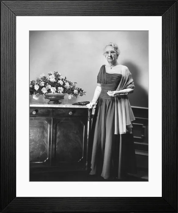 Framed Print : Mamie Eisenhower's mother, Mrs. Elivera Doud, in the gown she will wear to the 1957 Inaugural Ball. Jan. 19, 1957. - (BSLOC_2014_16_45)