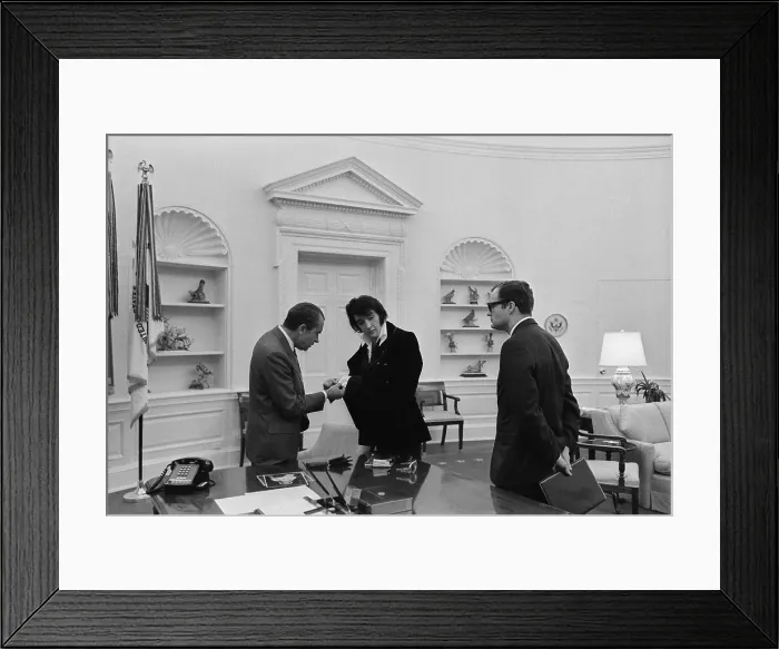 Framed Print : Richard Nixon meeting with Elvis Presley as Egil Krogh looks on. On the morning of Dec. 21 1970 Presley walked up to the White House gates and asked to see the President Framed Print : Richard Nixon meeting with Elvis Presley as Egil Krogh looks on. On the morning of Dec. 21 1970 Presley walked up to the White House gates and asked to see the President