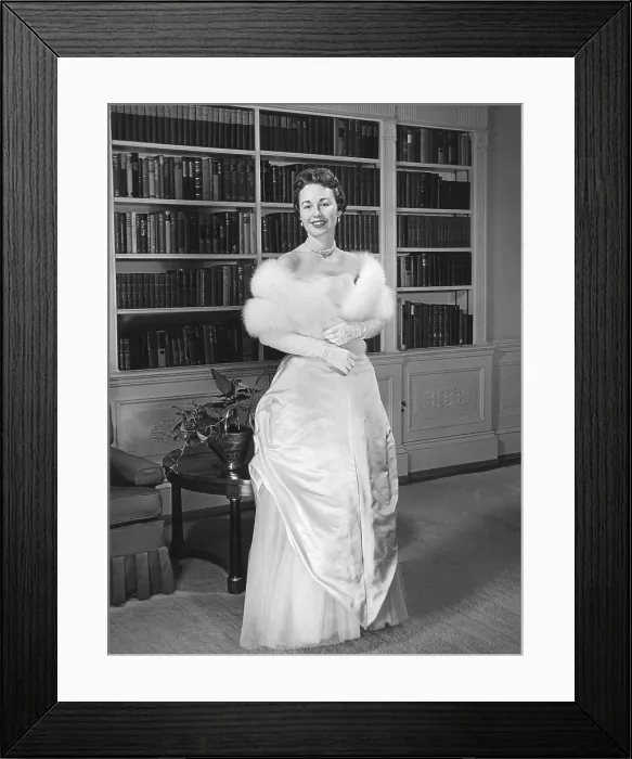 Framed Print : Barbara Eisenhower in the gown she will wear to the 1957 Inaugural Ball. Jan. 19, 1957. - (BSLOC_2014_16_46)