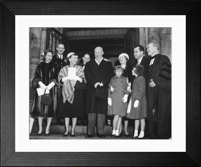 Framed Print : Eisenhower and Nixon families leaving the National Presbyterian Church on Inaugural morning. Jan. 20, 1957