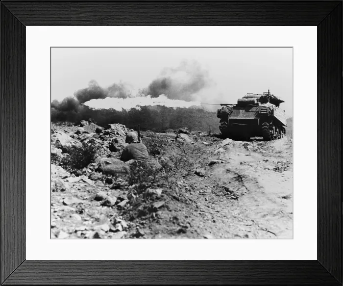 Framed Print : Marine flame-throwing tank and Marine snipers, during the battle of Iwo Jima. Ca. Feb. 20-March 16, 1945. World War 2. (BSLOC_2013_13_73)