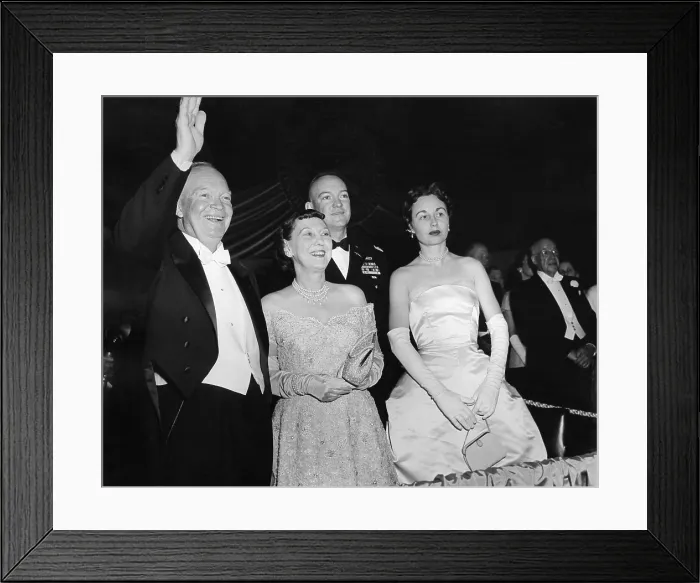 Framed Print : President Eisenhower and First Lady Mamie greeting the crowd at an Inaugural Ball. Jan. 21, 1957. They are accompanied by their son John Eisenhower and his wife, Barbara Framed Print : President Eisenhower and First Lady Mamie greeting the crowd at an Inaugural Ball. Jan. 21, 1957. They are accompanied by their son John Eisenhower and his wife, Barbara
