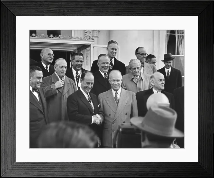 Framed Print : President Eisenhower shakes the hand of his 1952 Democratic opponent. Former Illinois Governor Adlai Stevenson attended a White House lunch with Congressional members