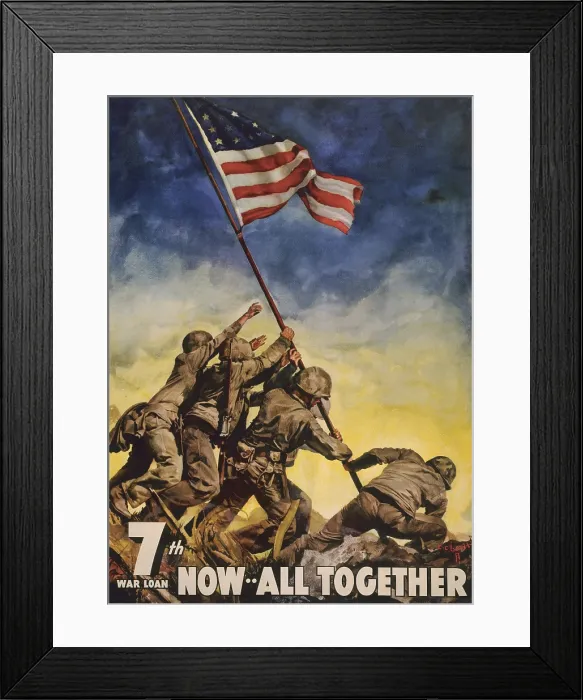 Framed Print : Now--all together'. 7th War Loan poster showing U.S. Marines flag raising on Iwo Jima. Artist C.C. Beall based his painting on Joe Rosenthal's iconic photo