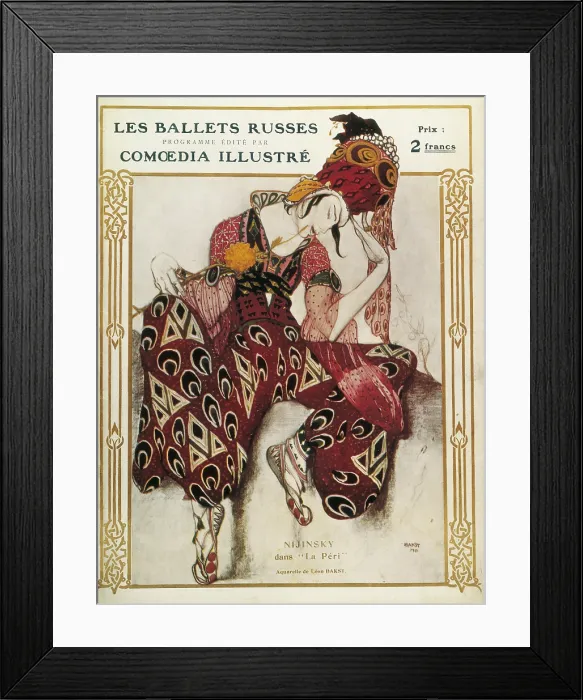 Framed Print : BAKST, Leon (1866-1924). La Peri. 1911. Nijinsky in the ballet 'La Peri'. Image from a programme of the Russian Ballets company. Watercolour. FRANCE. Paris Framed Print : BAKST, Leon (1866-1924). La Peri. 1911. Nijinsky in the ballet 'La Peri'. Image from a programme of the Russian Ballets company. Watercolour. FRANCE. Paris