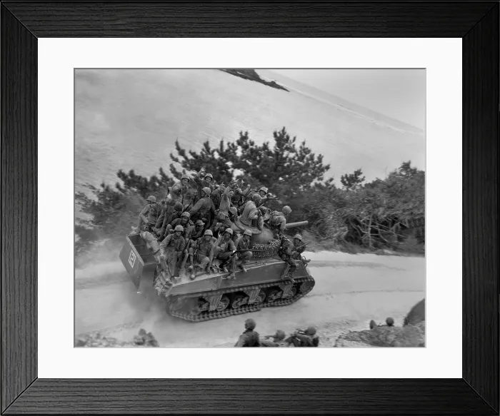 Framed Print : Soldiers of the 29th Marines on a Sherman tank on the first day of the invasion of Okinawa. April 1, 1945. They are advancing to take the town of Ghuta. April 1, 1945
