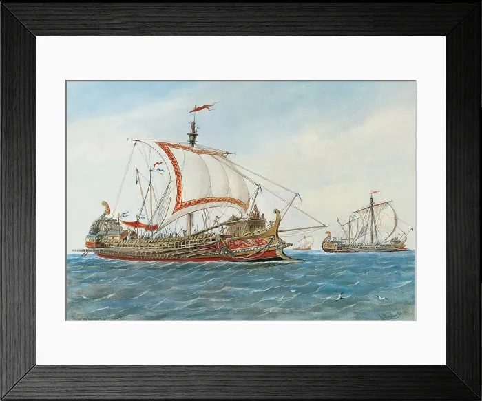 Framed Print : MONLEON Y TORRES, Rafael (1835-1900). History of the navigation. Greek navy. triremes of 5th century B.C. Watercolour. SPAIN. Madrid. Navy Museum