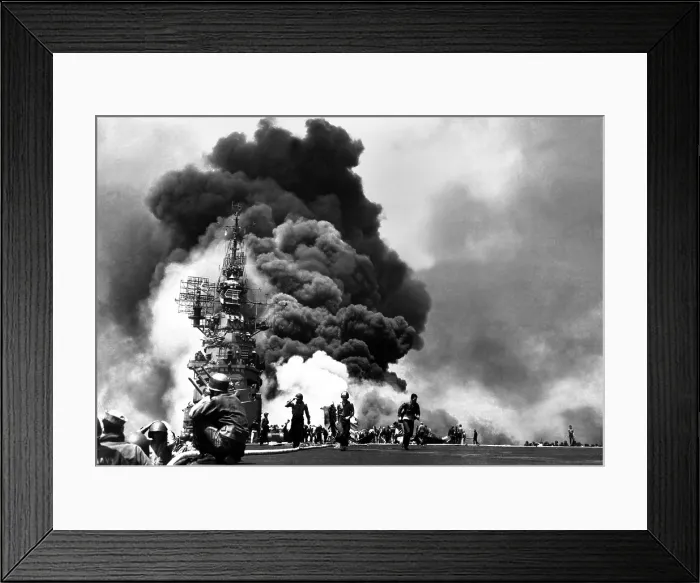 Framed Print : USS Bunker Hill aircraft carrier burning after two kamikaze strikes during the Battle of Okinawa, May 11, 1945 Framed Print : USS Bunker Hill aircraft carrier burning after two kamikaze strikes during the Battle of Okinawa, May 11, 1945