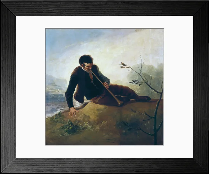 Framed Print : GOYA Y LUCIENTES, Francisco de (1746-1828). Shepherd Blowing a Horn. ca. 1786. Cardboard for tapestry. Pair of 'Hunter by a Fountain'. Oil on canvas. SPAIN. Madrid