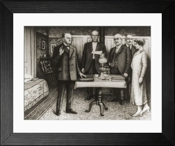 Framed Print : Illustration of the swearing in of President Calvin Coolidge on August 3, 1923. In the early morning, following the death of President Warren G Framed Print : Illustration of the swearing in of President Calvin Coolidge on August 3, 1923. In the early morning, following the death of President Warren G
