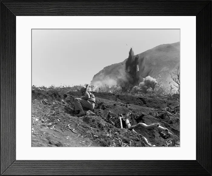 Framed Print : Marines blast Jap positions near the base of Mount Suribachi on Iwo Jima. Feb. 22, 1945. World War 2. (BSLOC_2013_13_71)
