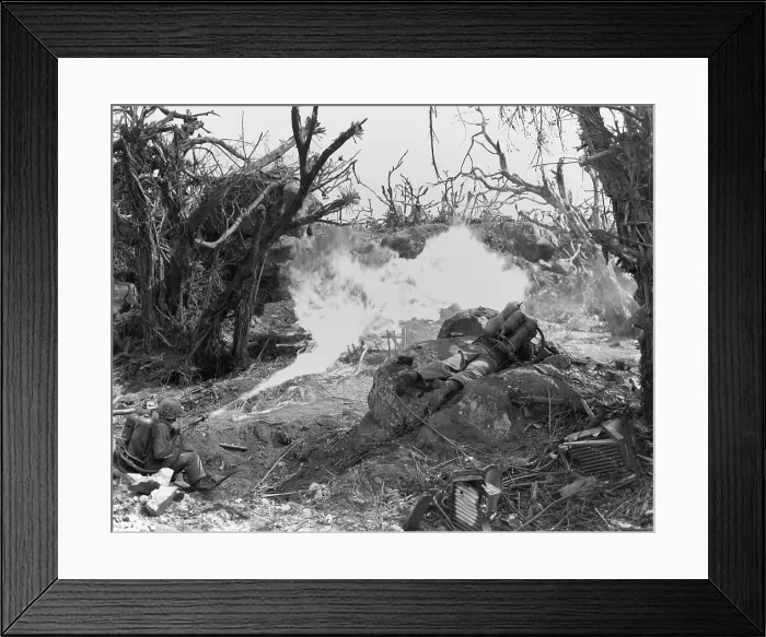 Framed Print : Marines use a flame thrower against Japanese defenses blocking advance to Iwo Jima's Mount Suribachi. Ca. Feb. 20-March 16, 1945. World War 2. (BSLOC_2013_13_72)