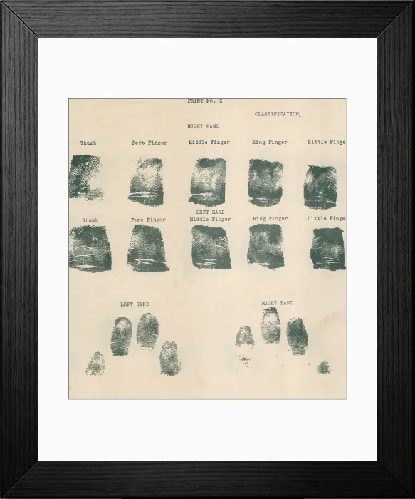 Framed Print : Fingerprint record sheet