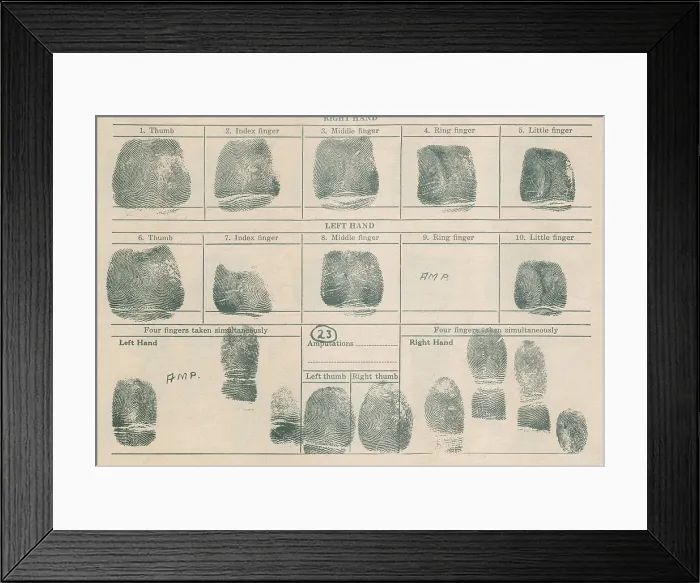 Framed Print : Fingerprint record sheet
