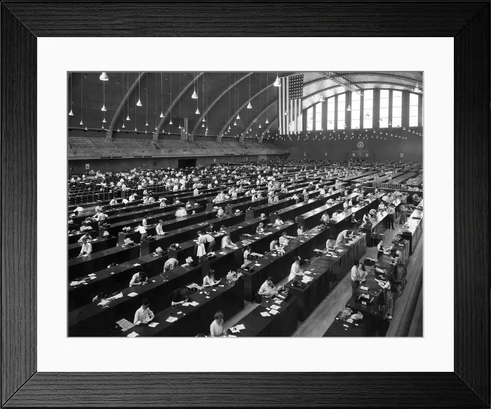 Framed Print : FBI forensic science built a fingerprint archive larger than a football field at the Washington D.C. area Federal Armory. Ca. 1944