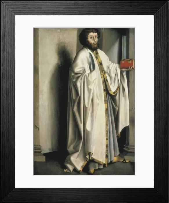 Framed Print : Witz, Konrad (1400-1445). Saint Bartholomew. c. 1435. The saint supporting a knife with a hand, and a book with the other. Renaissance art. Oil on wood. SWITZERLAND. Basel