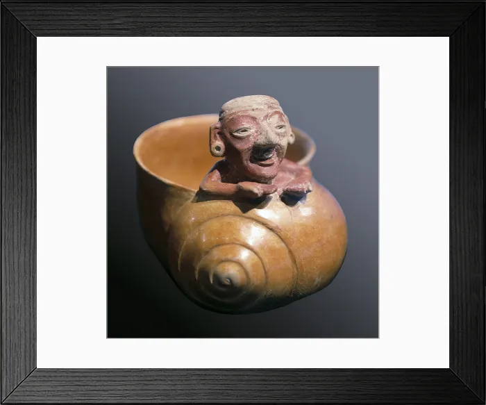 Framed Print : Vessel shaped as a snail decorated with an old man sculpture. Maya art. Ceramics. MEXICO. Mexico City. National Museum of Anthropology. Proc: MEXICO. Simojovel. - J