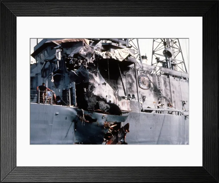 Framed Print : Damage sustained by the guided missile frigate USS STARK when it was hit by two Iraqi-launched Exocet missile while on patrol in the Persian Gulf. (BSLOC_2011_12_248) Framed Print : Damage sustained by the guided missile frigate USS STARK when it was hit by two Iraqi-launched Exocet missile while on patrol in the Persian Gulf. (BSLOC_2011_12_248)