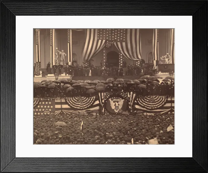 Framed Print : Inauguration of President Benjamin Harrison on March 4, 1889. The extravagant patriotic flag bunting covers even the columns of the East Portico of the Capital (BSLOC_2016_14_141)