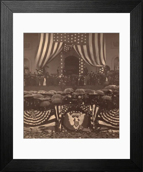 Framed Print : President Benjamin Harrison takes the oath of office in a sea of umbrellas on March 4, 1889. Chief Justice Melville W. Fuller administers