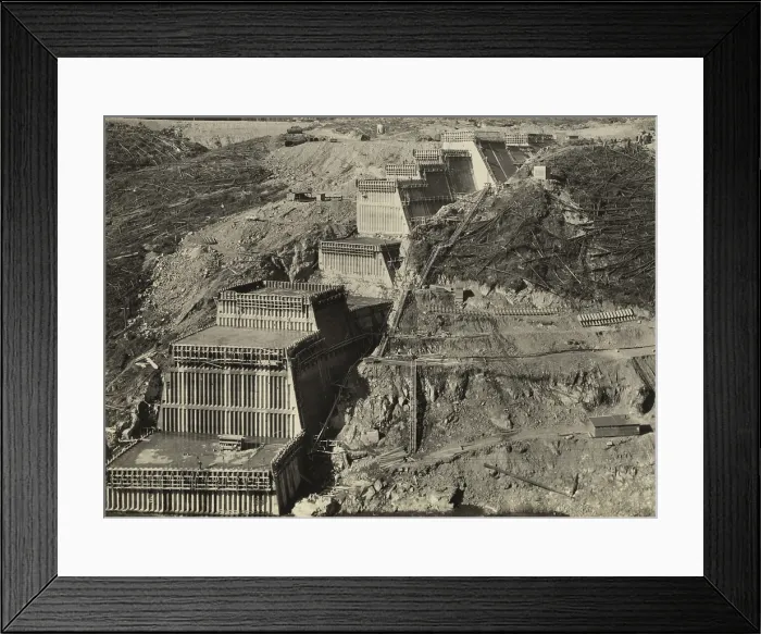 Framed Print : Alder Dam construction site in Washington, Feb. 1943. Concrete foundations for the west abutment during construction on the Nisqually River