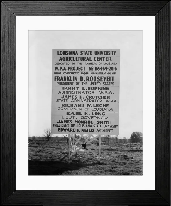 Framed Print : WPA construction sign at Louisiana State University, 1936