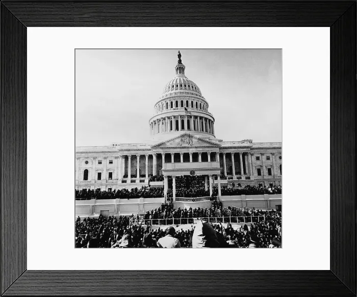 Framed Print : John Kennedy is sworn in as 35th President of the United States. View of the East Front of the Capitol from the press scaffold. Jan. 20, 1961