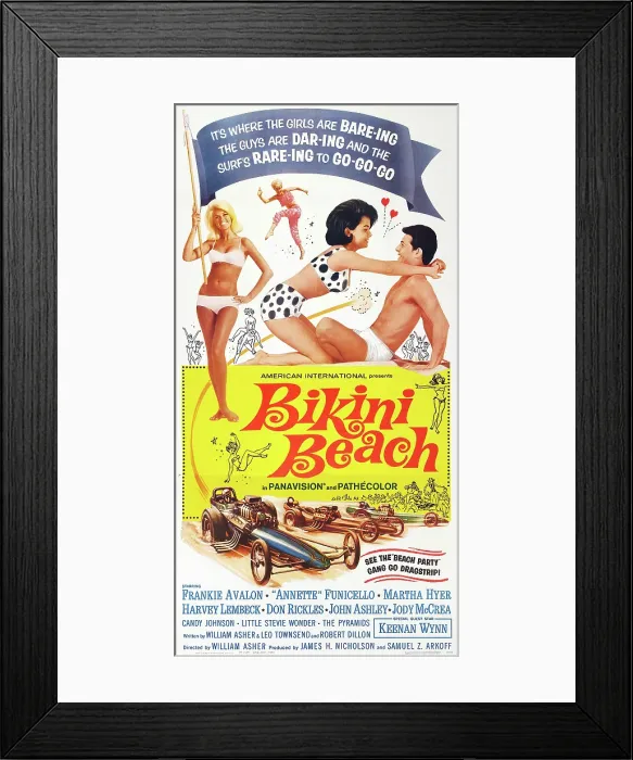 Framed Print : BIKINI BEACH, US poster, face to face from left: Annette Funicello, Frankie Avalon, 1964