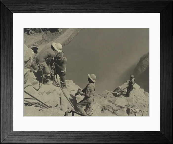 Framed Print : Workers at Boulder Dam site in 1934. They are high scalers drilling on canyon walls above the Colorado River. (BSLOC_2013_7_80)