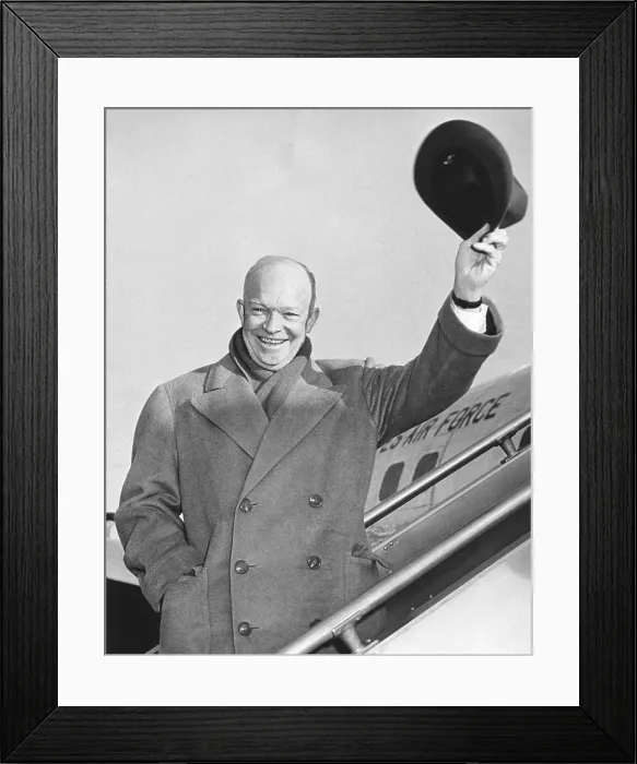 Framed Print : President Eisenhower waving his hat from airplane steps Framed Print : President Eisenhower waving his hat from airplane steps