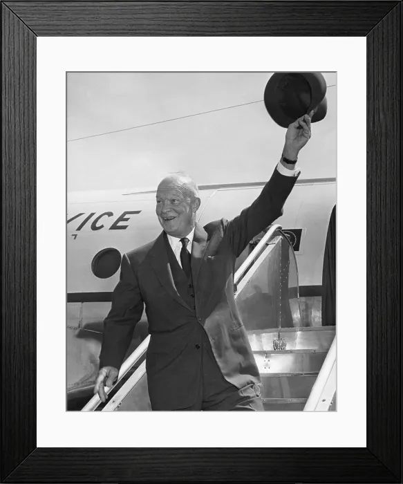 Framed Print : President Eisenhower waving his hat from airplane steps. He was leaving Washington D.C. for a New England trip. June 22, 1955. - (BSLOC_2014_16_58) Framed Print : President Eisenhower waving his hat from airplane steps. He was leaving Washington D.C. for a New England trip. June 22, 1955. - (BSLOC_2014_16_58)