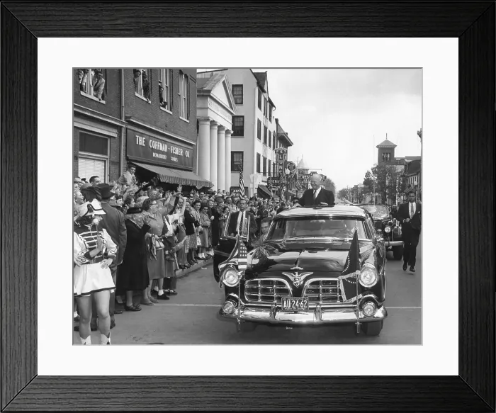 Framed Print : President Eisenhower is welcomed by crowd in Gettysburg on Nov. 14, 1955. He had been hospitalized at Fitzsimons Army Hospital in Denver for seven weeks after his Sept
